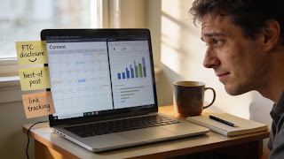 Beginner affiliate marketer planning blog content and tracking links on a laptop (coffee, notes, calm workspace)