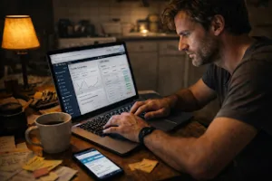 Beginner CPA marketer reviewing offers and tracking conversions on a laptop at home