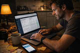 Beginner CPA marketer reviewing offers and tracking conversions on a laptop at home