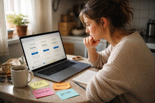 Beginner blogger comparing hosting plans on a laptop with notes and coffee