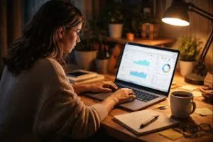 Beginner blogger using SEO and blogging tools on laptop at home workspace