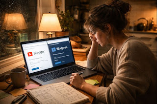 Beginner comparing Blogger vs WordPress on a laptop, planning a first blog setup at home