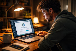 Beginner installing WordPress on web hosting dashboard late night, laptop, coffee, focused setup