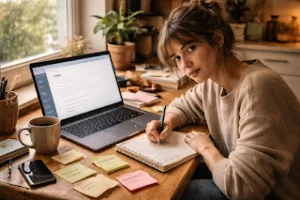 Beginner mapping a profitable blogging niche with notes, laptop, and coffee at home office desk