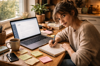 Beginner mapping a profitable blogging niche with notes, laptop, and coffee at home office desk