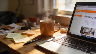 Beginner setting up a Blogger Blogspot blog step by step on a laptop at home