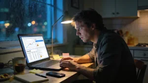 Blogger checking keyword rankings and Search Console data on a laptop at night
