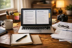 Blogger desk with free blogging templates, checklists, and guides on laptop