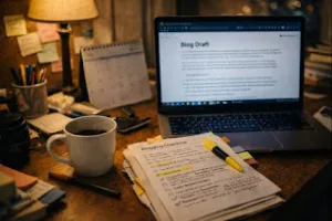 Blogger reviewing a printable blog checklist beside a laptop and coffee.