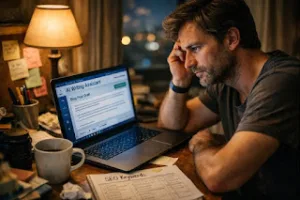 Blogger using AI writing tools on laptop with notes, coffee, and a messy desk at night