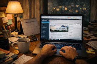 Blogger workspace with laptop showing blog theme and Chrome SEO extensions