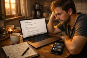 Blogger writing an email newsletter on a laptop with a coffee and notes nearby