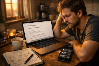 Blogger writing an email newsletter on a laptop with a coffee and notes nearby