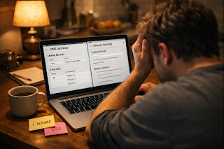 Laptop showing DNS records while connecting a custom domain to Blogger or WordPress
