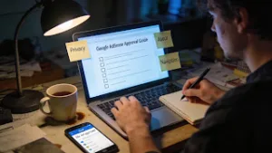 Sleepy blogger reviewing a Google AdSense approval checklist on a laptop with coffee and messy notes
