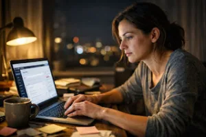 Sleepy new blogger fixing first-year blogging mistakes on a laptop in a cozy home office