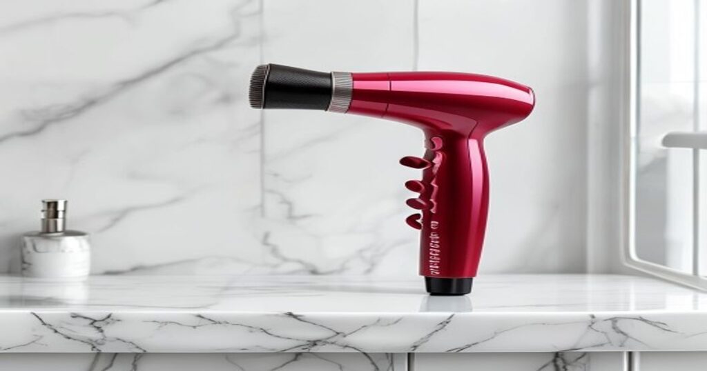 Revlon One-Step Hair Dryer and Volumizer Hot Air Brush on white marble bathroom countertop.