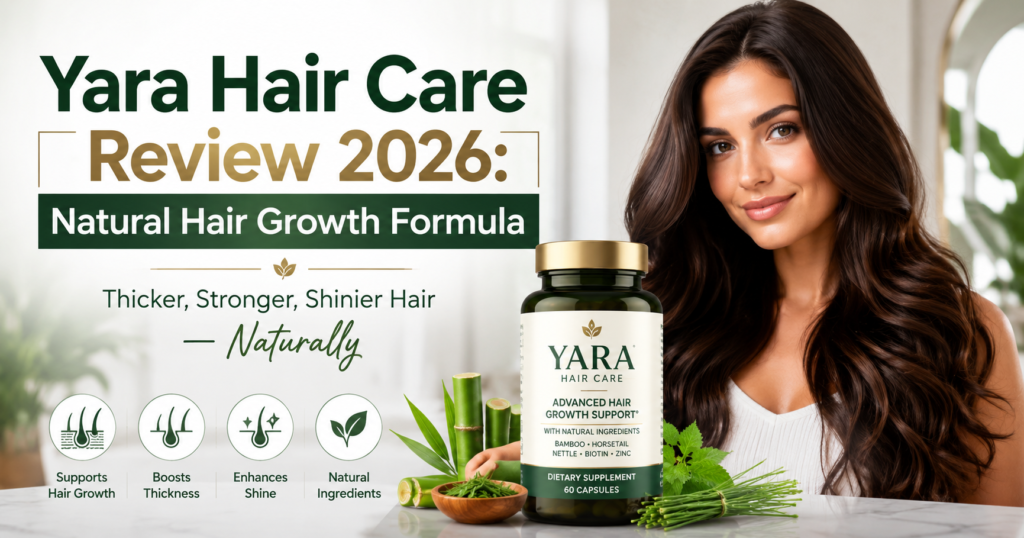 Yara Hair Care Review 2026 natural hair growth supplement bottle with healthy woman showing thicker stronger shinier hair