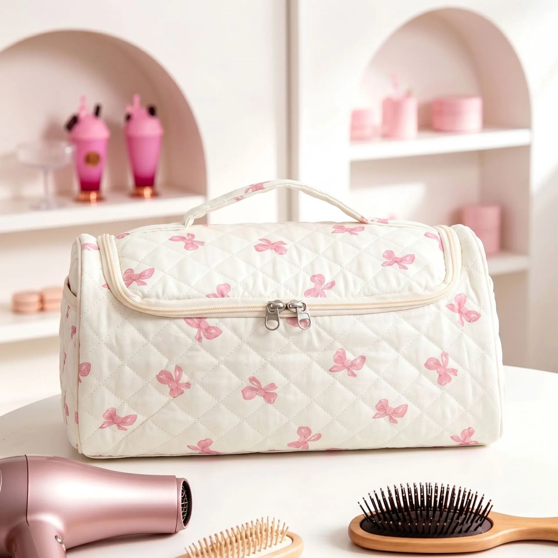 Large Capacity Hanging Travel Makeup Bag, Quilted Cotton Cosmetic - view 3