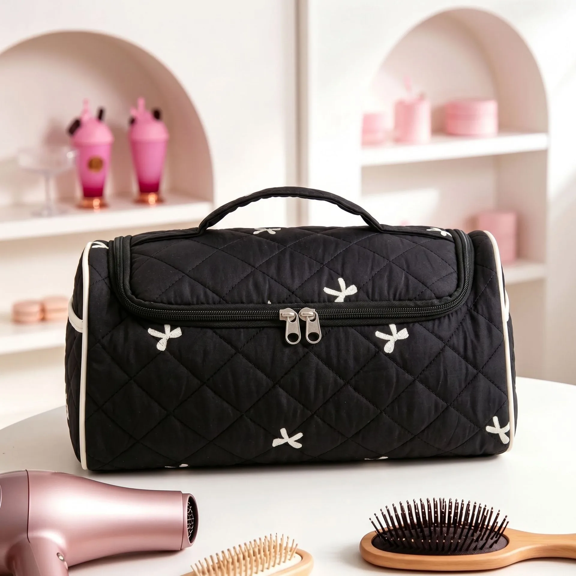 Large Capacity Hanging Travel Makeup Bag, Quilted Cotton Cosmetic