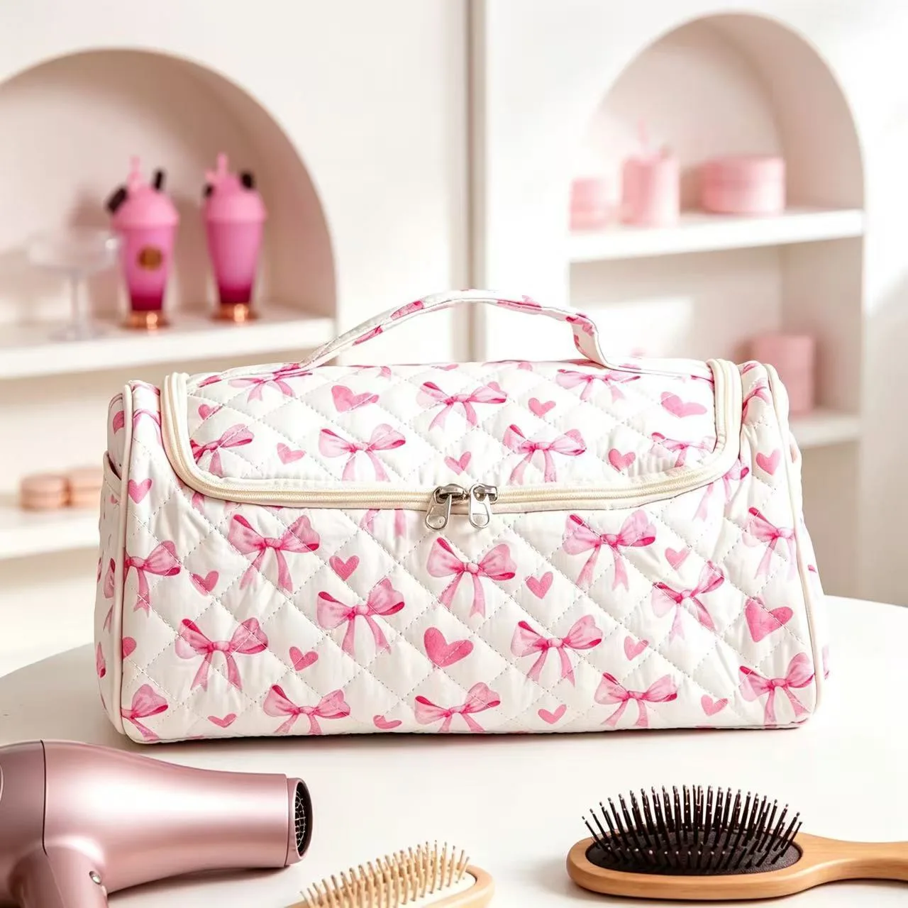 Large Capacity Hanging Travel Makeup Bag, Quilted Cotton Cosmetic - view 2