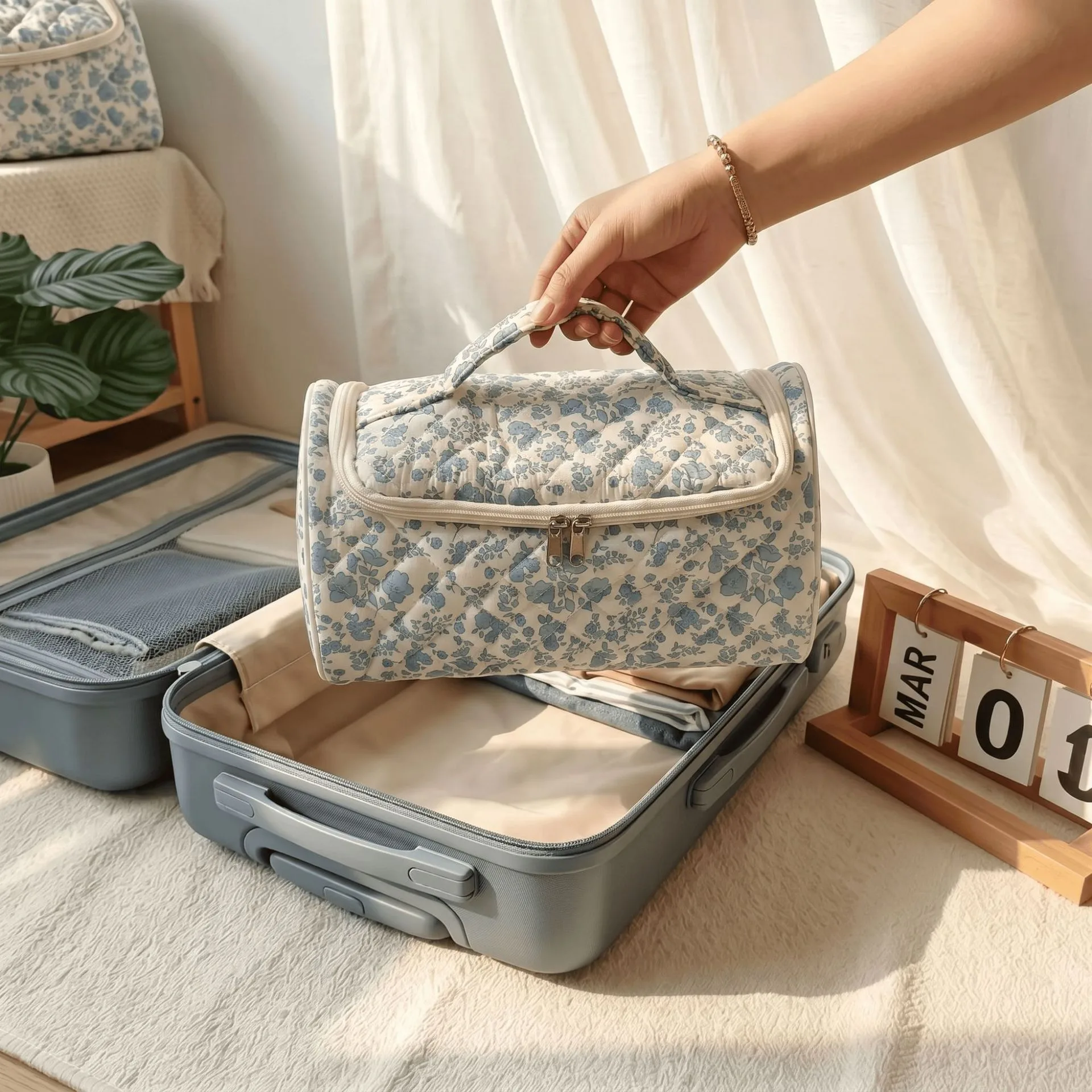 Large Capacity Hanging Travel Makeup Bag, Quilted Cotton Cosmetic - view 12