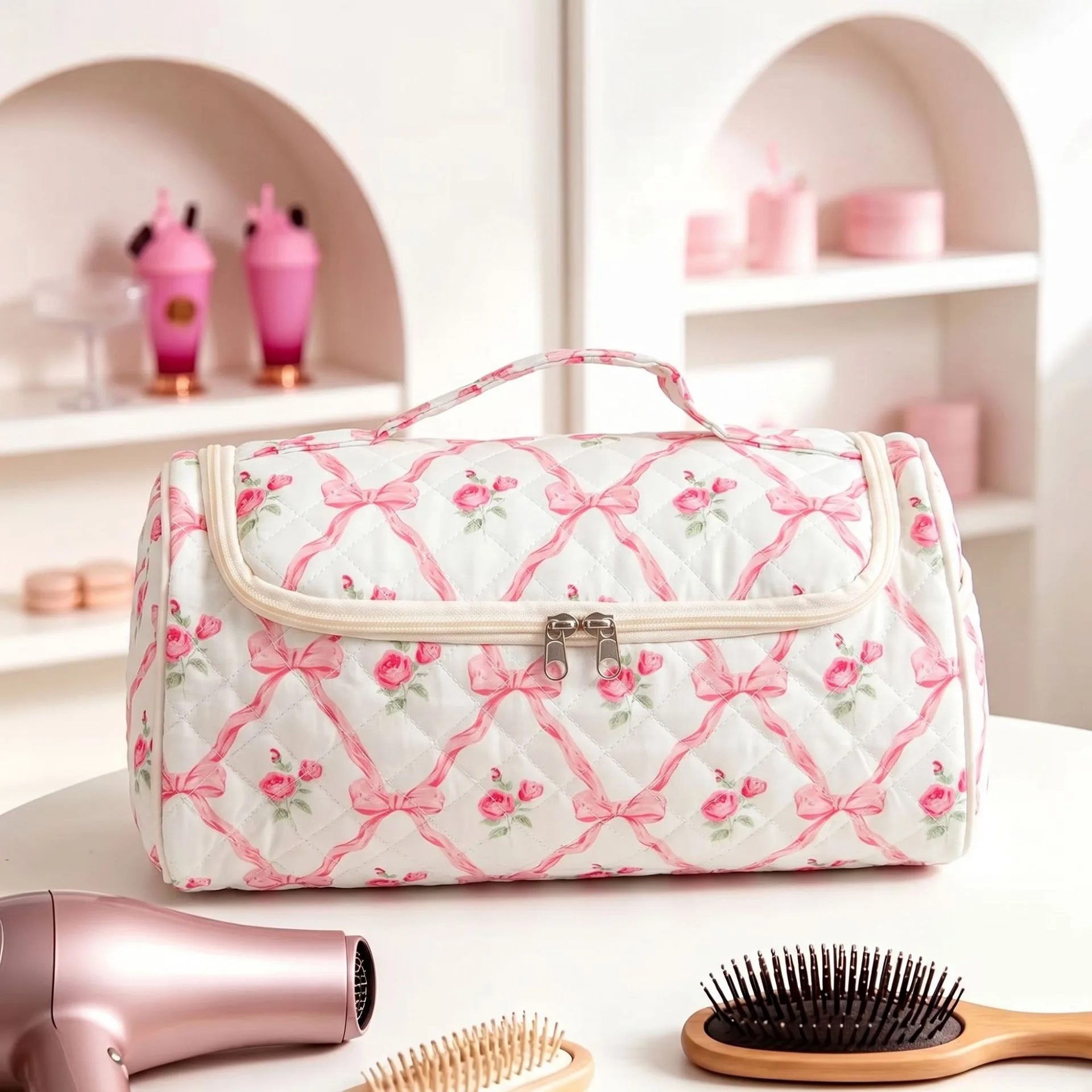 Large Capacity Hanging Travel Makeup Bag, Quilted Cotton Cosmetic - view 4