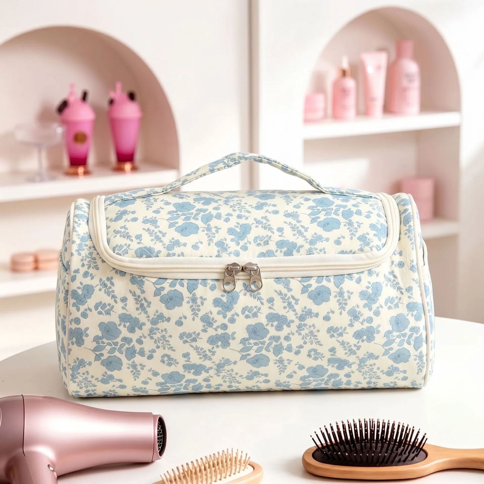 Large Capacity Hanging Travel Makeup Bag, Quilted Cotton Cosmetic - view 5