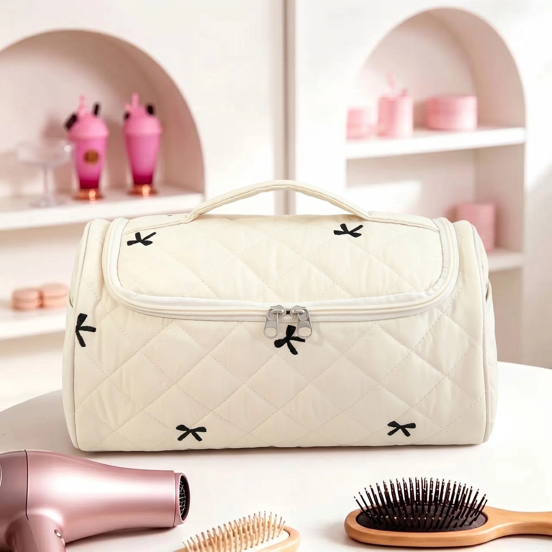 Large Capacity Hanging Travel Makeup Bag, Quilted Cotton Cosmetic - view 1