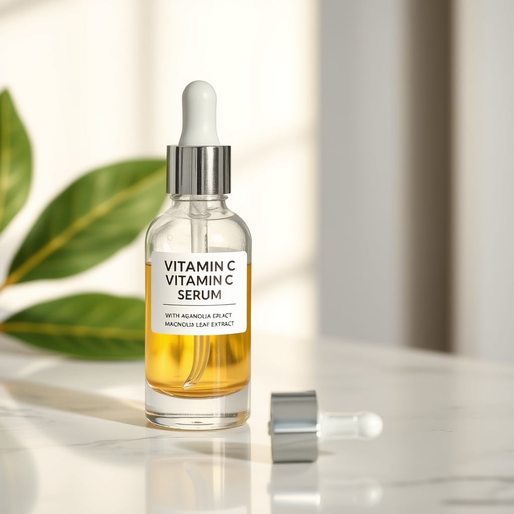 skincare dupes - A clear glass bottle of vitamin C serum with magnolia leaf extract sits on a white marble countertop beside a small silver dropper.