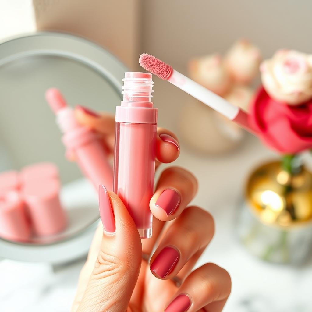 Rare Beauty dupes - a close‑up of a hand holding a pastel liquid lipstick next to a mirror, showing the product’s brush tip and color swatch