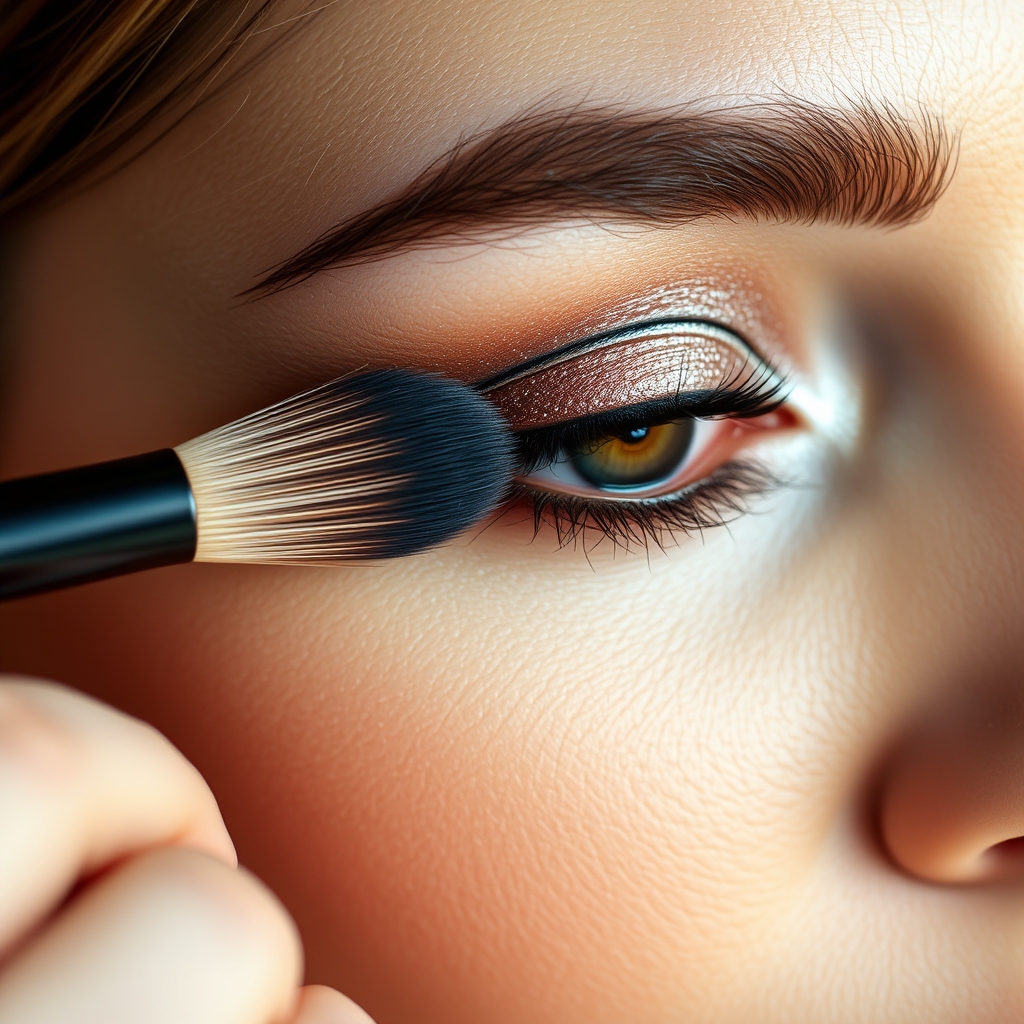 eye makeup dupes - a close‑up of a makeup artist applying a shimmery eyeshadow with a brush on a model’s eyelid