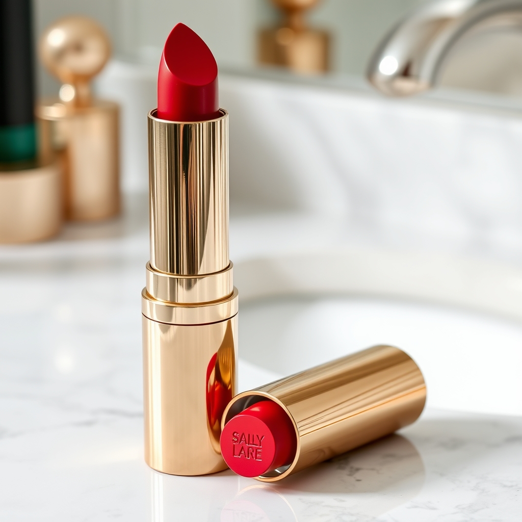 lipstick dupes - a close‑up of a sleek, high‑gloss lipstick tube beside a matching affordable dupes tube on a marble vanity