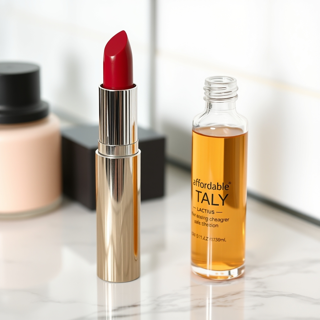 luxury makeup dupes - a close-up of a sleek luxury lipstick tube next to an affordable dupes bottle on a vanity