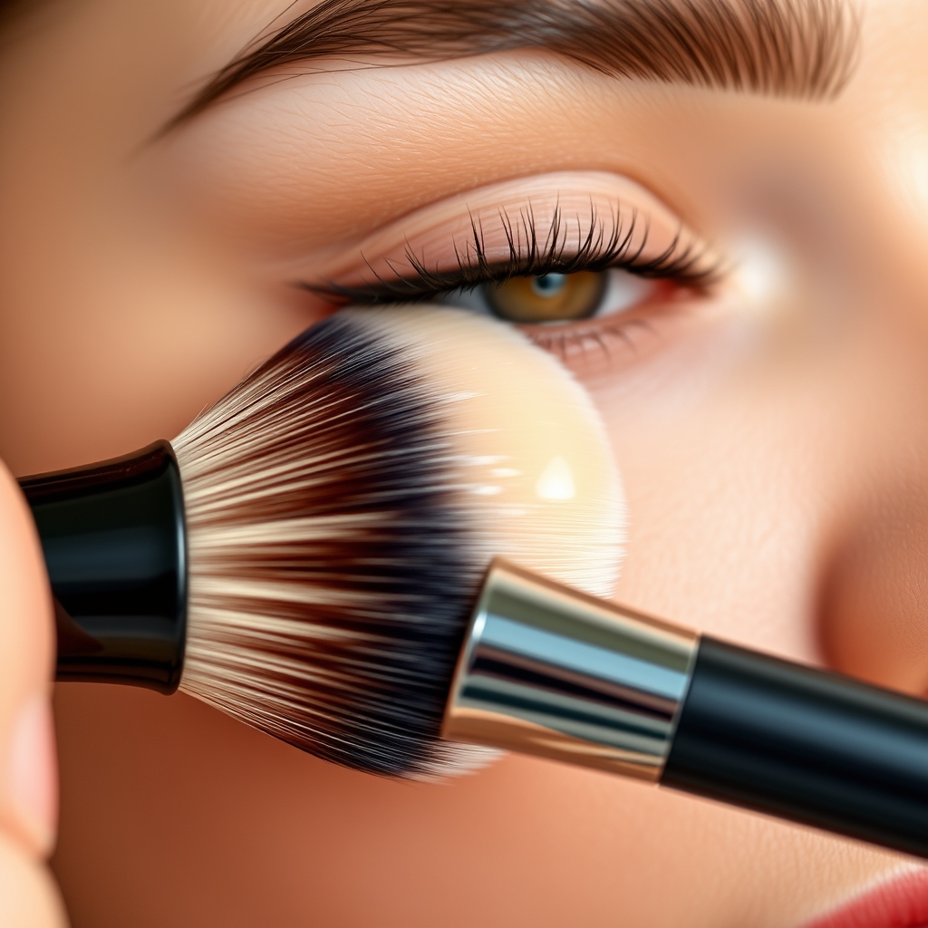 makeup dupes for luxury - a close‑up of a velvet‑cushioned makeup brush applying liquid foundation on a model’s cheek