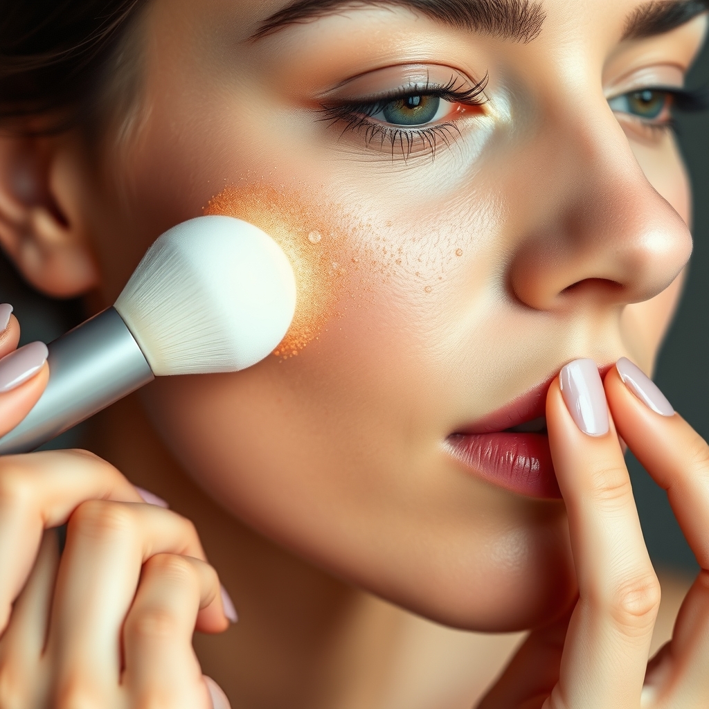 A close-up of a woman applying a glowing liquid highlighter to her cheekbone using a soft makeup sponge.