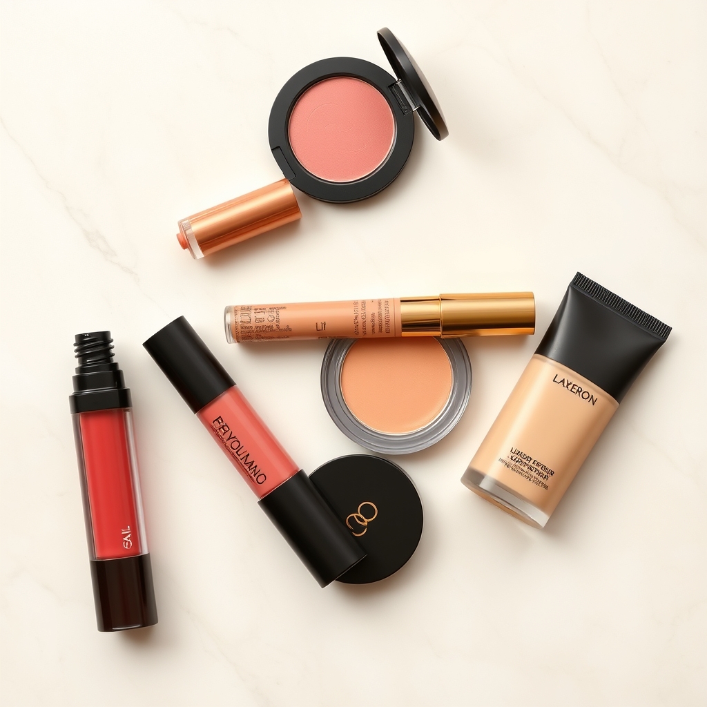best makeup dupes - A curated flat lay of affordable makeup products including lip oil, liquid blush, and glowing foundation on a clean beige marble backdrop.