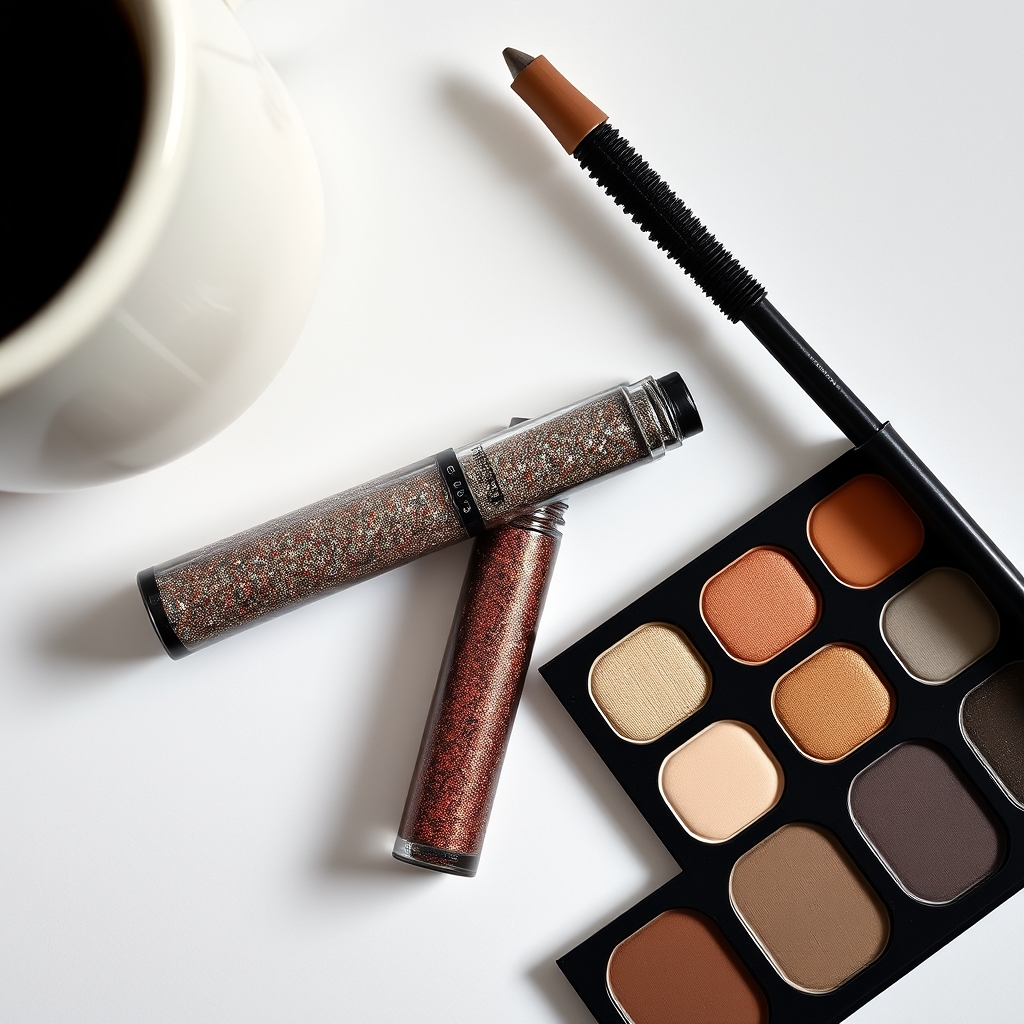a flat lay of a glitter eyeliner tube, a matte eyeshadow palette, and a mascara wand beside a coffee mug