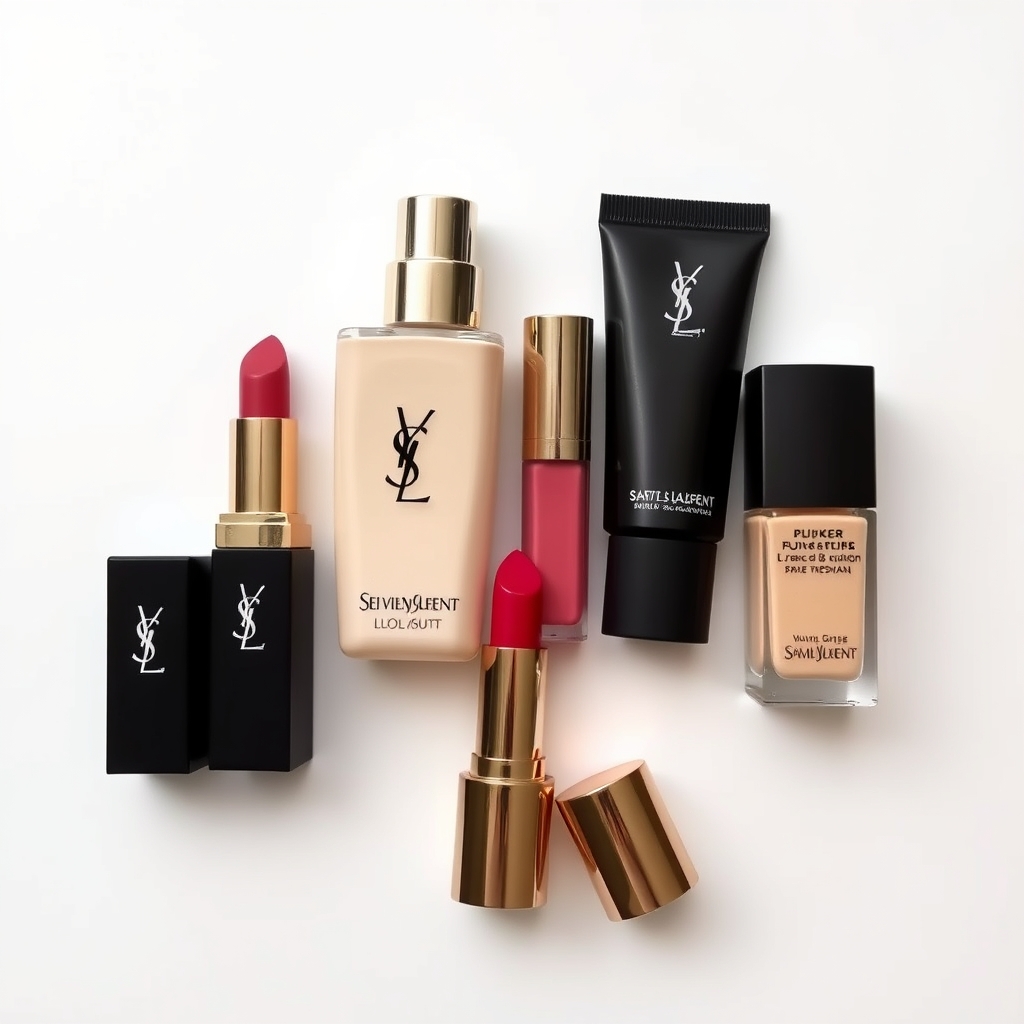 YSL Beauty Dupes - a flat lay of YSL Beauty lipstick and foundation bottles next to budget-friendly duplicates