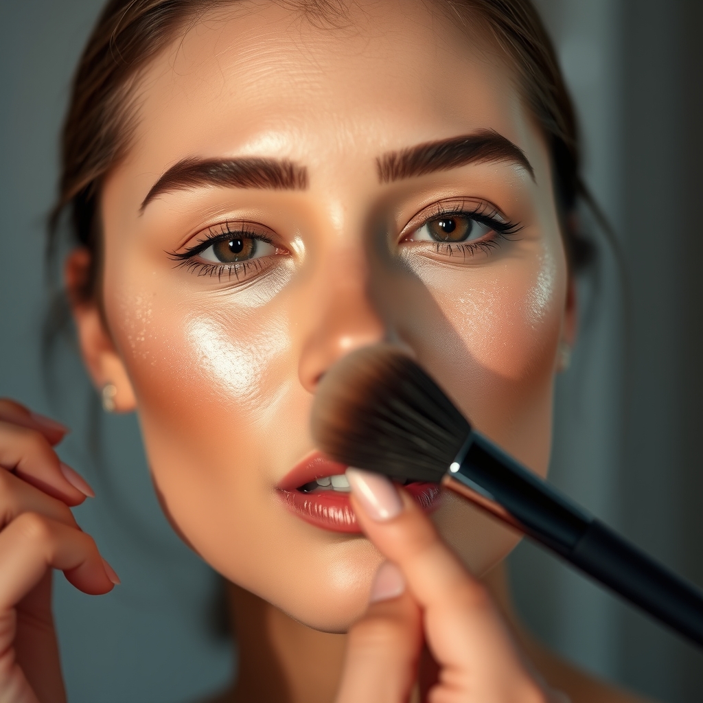 a hand applying highlighter on cheekbones with a brush, showing shimmering finish