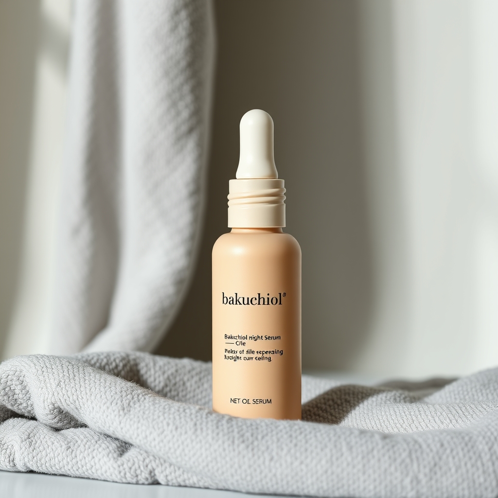 A matte beige bottle of bakuchiol night serum stands upright on a soft gray towel with a few droplets visible on its precision tip.