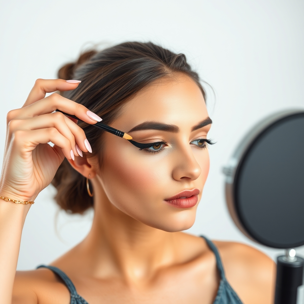 a model applying winged eyeliner in front of a bright studio backdrop, with a focus on the eye product being used
