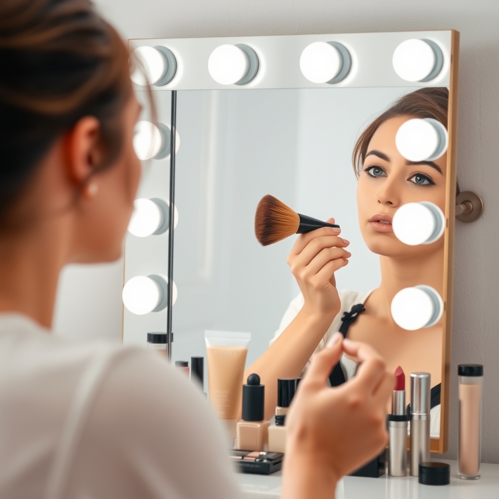 a person applying foundation with a brush in a vanity mirror, surrounded by makeup products