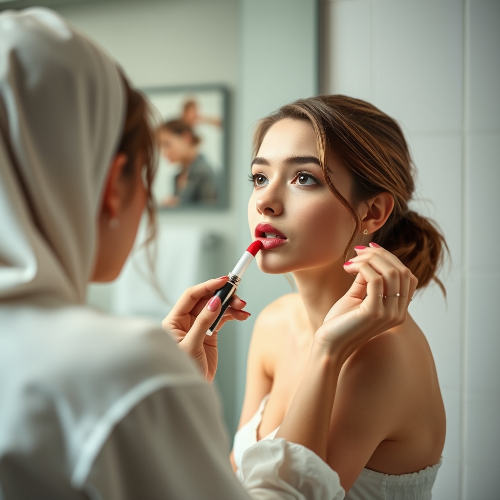 a person applying tinted lip oil in front of a bathroom mirror