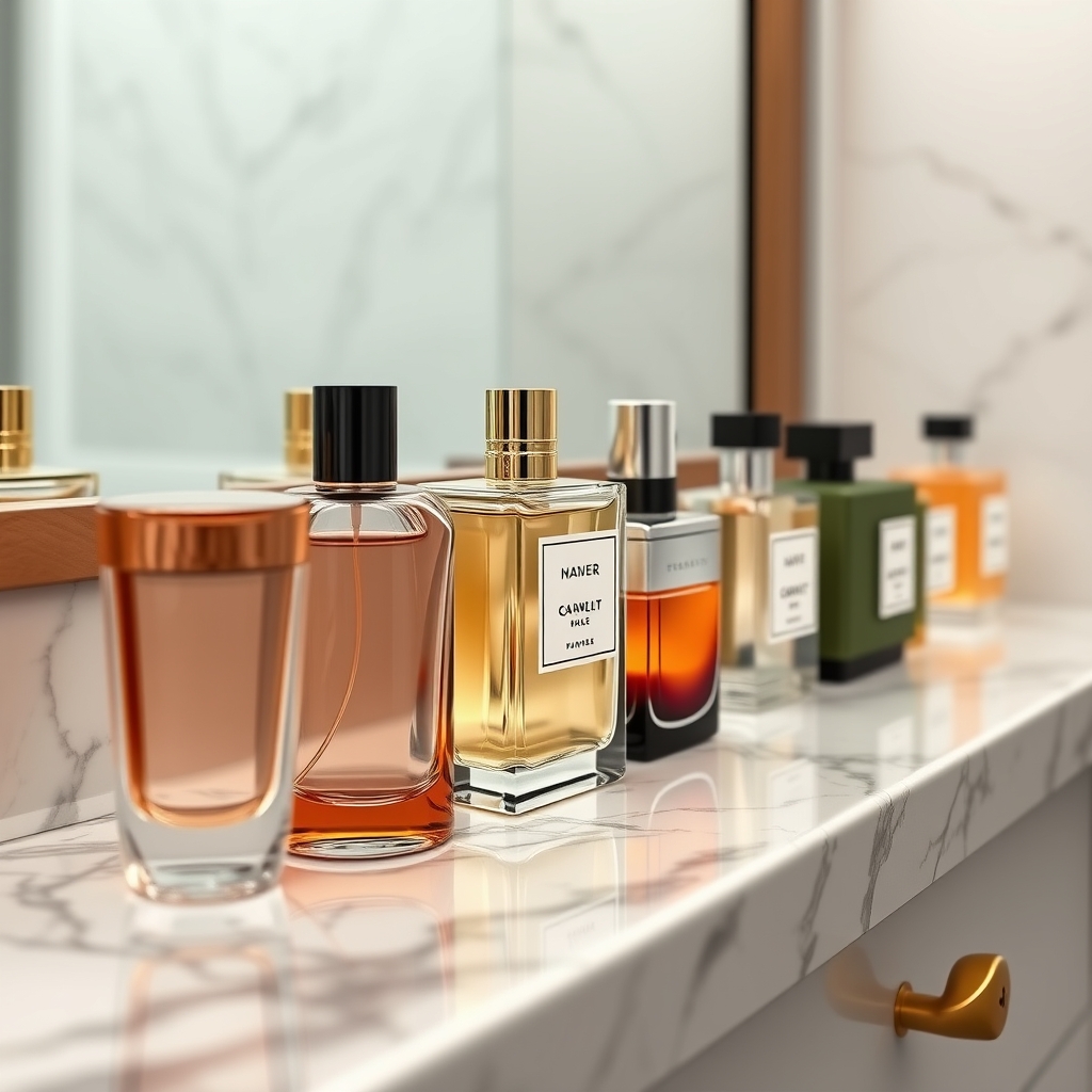 a row of elegant perfume bottles on a marble vanity