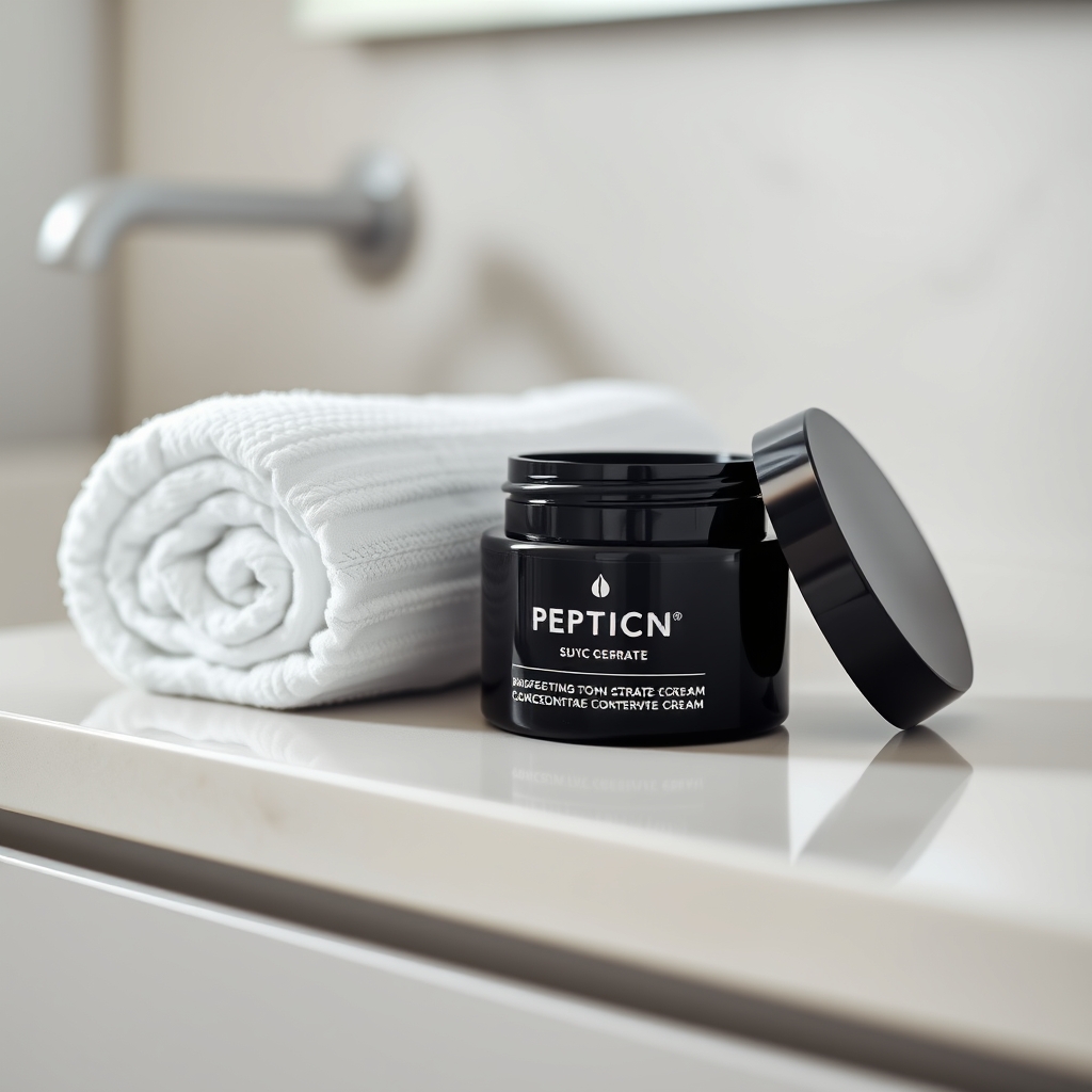 A sleek black jar of peptide concentrate cream rests next to a folded white cosmetic towel on a neutral bathroom vanity.