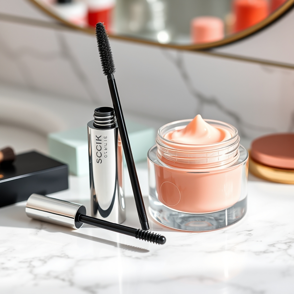 a sleek mascara wand beside a glass jar of high‑shine lip balm on a marble vanity