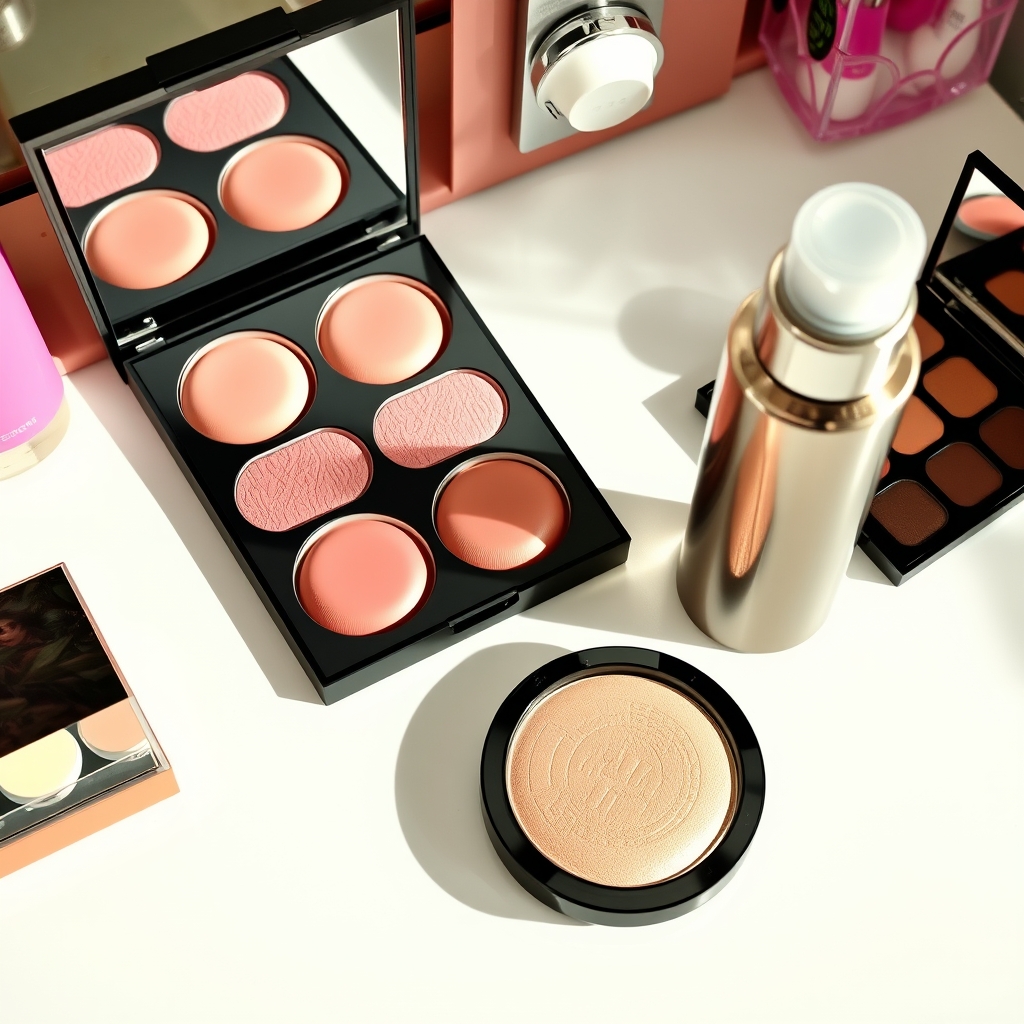 a vanity table with an open palette of cream blushes, a highlighter pan, and a sleek setting spray bottle