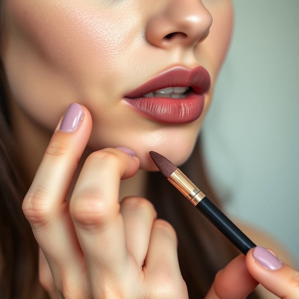 a woman applying a soft matte mauve lipstick with precision using a small lip brush