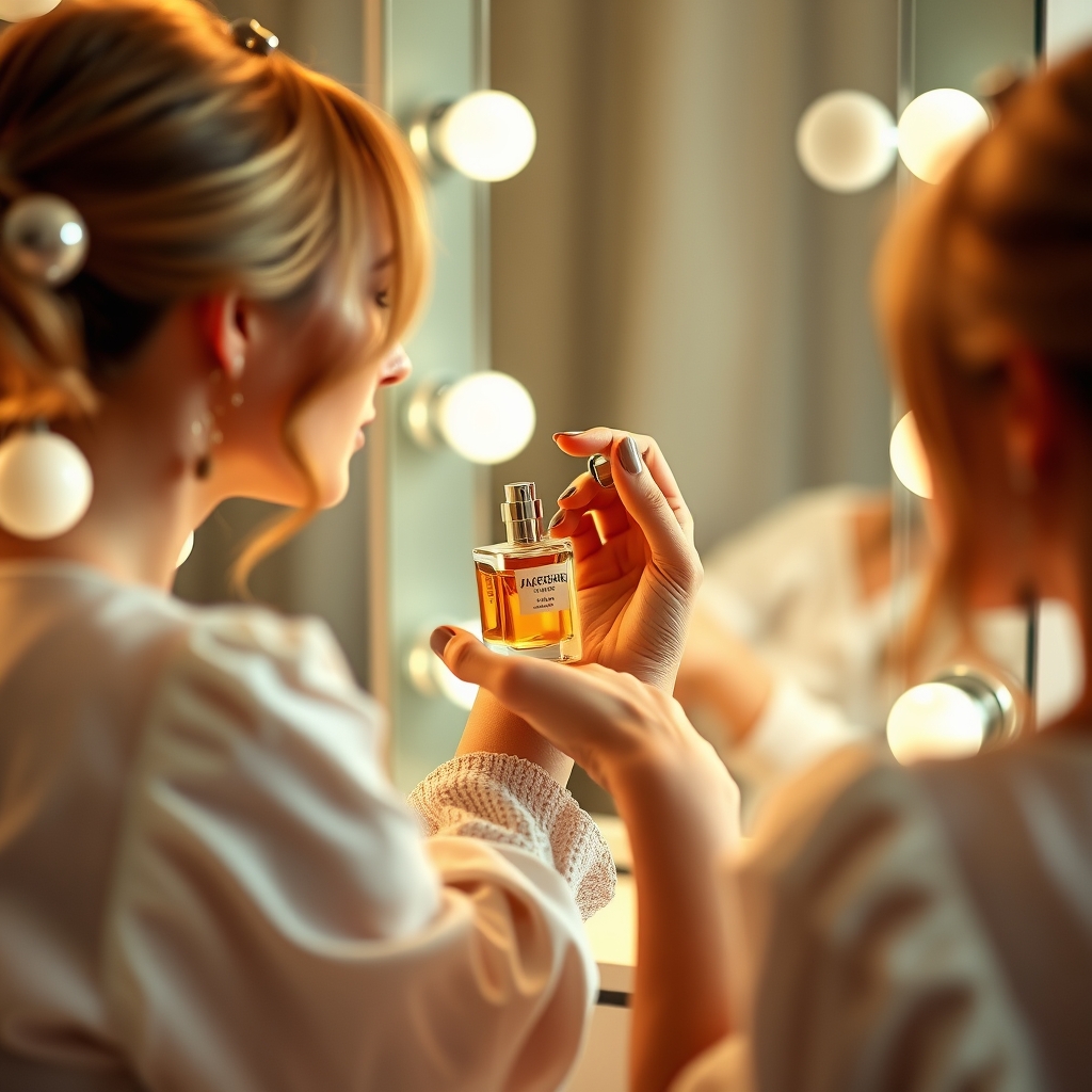 luxury perfume dupes - a woman spraying perfume on her wrist at a vanity mirror